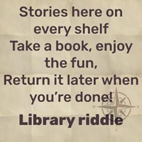 stories here on every shelf, come and take just remember to return on time - library!